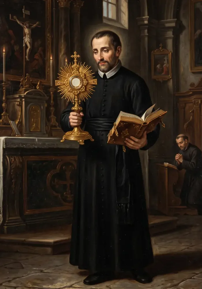Święty Antoni Maria Zaccaria w skromnej, ciemnej szacie kapłańskiej, trzymający w dłoniach złocistą monstrancję oraz księgę z listami świętego Pawła, z wyrazem głębokiej miłości i skupienia na twarzy.