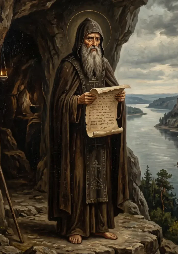 Święty Antoni Pieczerski w ciemnych, skromnych szatach mnicha wielkiej schymy, z długą siwą brodą, trzymający w dłoniach otwarty pergamin, stojący u wejścia do surowej, skalnej jaskini nad brzegiem Dniepru.