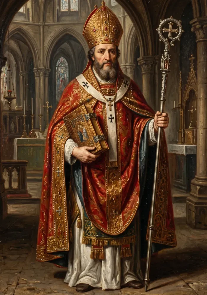 Święty Anzelm z Canterbury, trzymający księgę i pastorał.