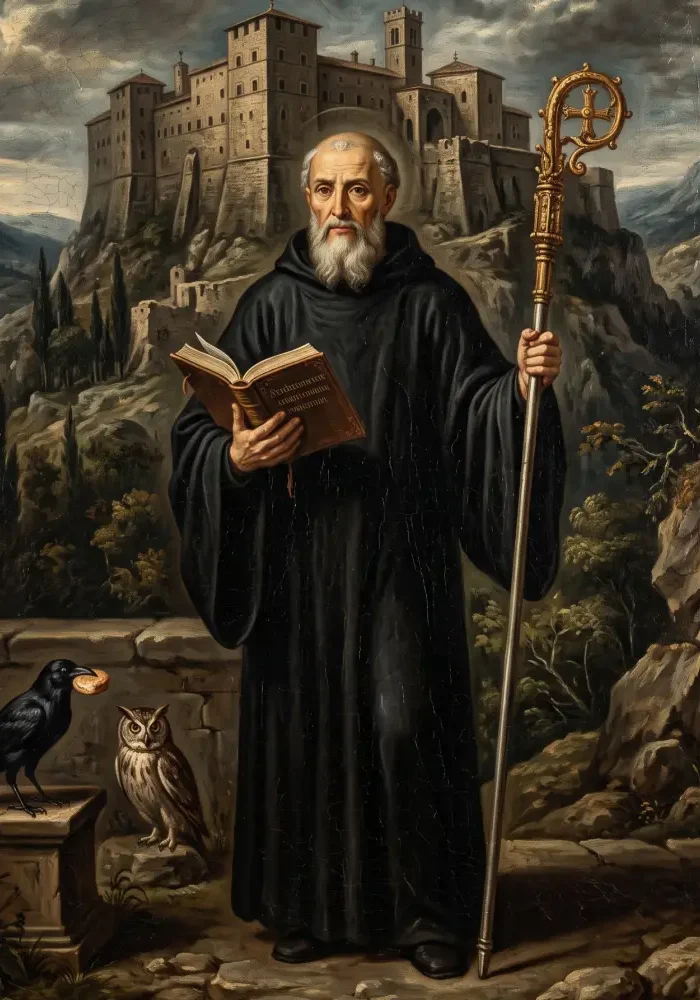 Święty Benedykt z Nursji w czarnym habicie zakonnym, trzymający w jednej dłoni otwartą księgę ze swoją regułą, a w drugiej pastorał, na tle surowego, kamiennego klasztoru Monte Cassino.