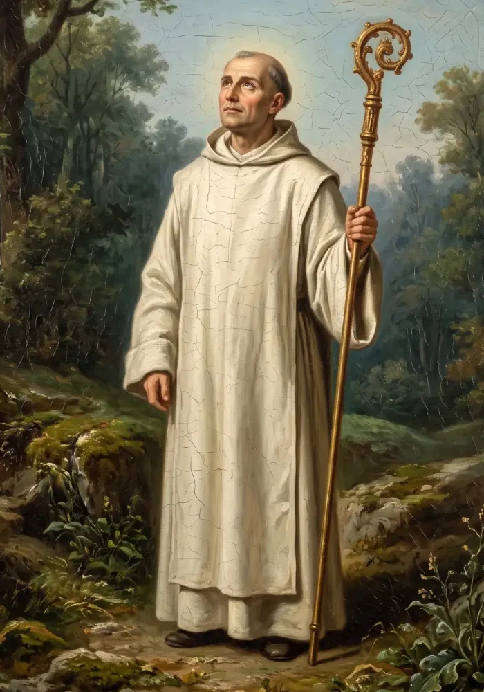Święty Brunon z Kwerfurtu w białym zakonnym habicie i z pastorałem w dłoni, stojący na skraju dzikiego, średniowiecznego lasu i wpatrzony z głębokim spokojem w niebo.