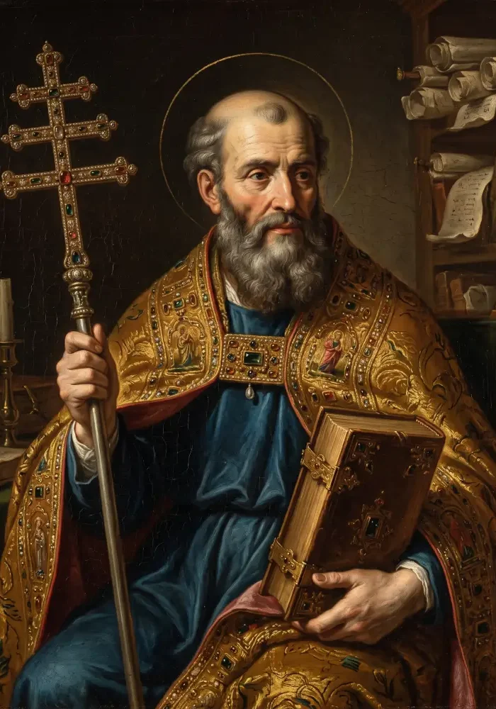 Święty Celestyn I papież, trzymający w dłoni księgę oraz potrójny krzyż papieski.
