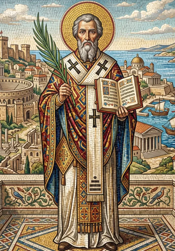 Święty Cyprian z Kartaginy trzymający w jednej dłoni otwartą księgę, a w drugiej palmę męczeńską na tle antycznej Kartaginy.