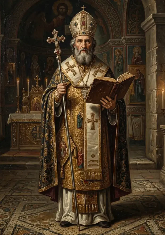 Święty Cyryl Jerozolimski trzymający księgę i pastorał.