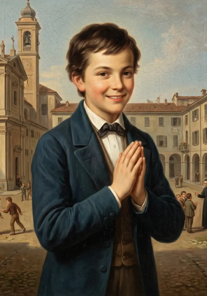 Święty Dominik Savio z dłońmi złożonymi do modlitwy, z łagodnym uśmiechem na twarzy, na tle oratorium świętego Jana Bosko w Turynie.