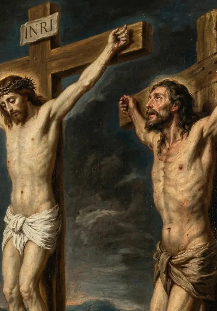 Klasyczny obraz przedstawiający Świętego Dyzmę na krzyżu, obok Jezusa Chrystusa na Golgocie.