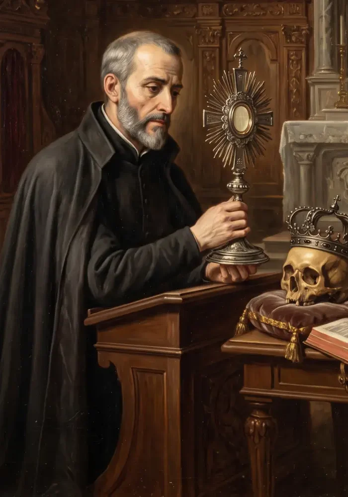 Święty Franciszek Borgia w czarnym habicie jezuickim trzymający monstrancję i spoglądający na czaszkę uwieńczoną książęcą koroną.