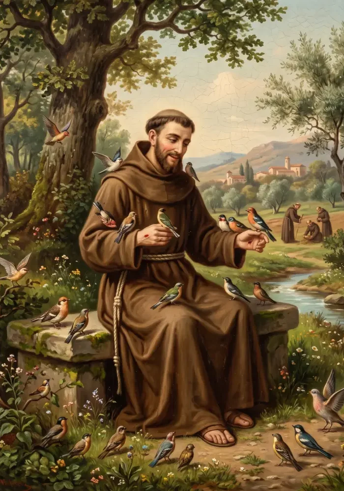Święty Franciszek z Asyżu w brązowym habicie franciszkańskim, przepasanym sznurem, otoczony ptakami i naturą.