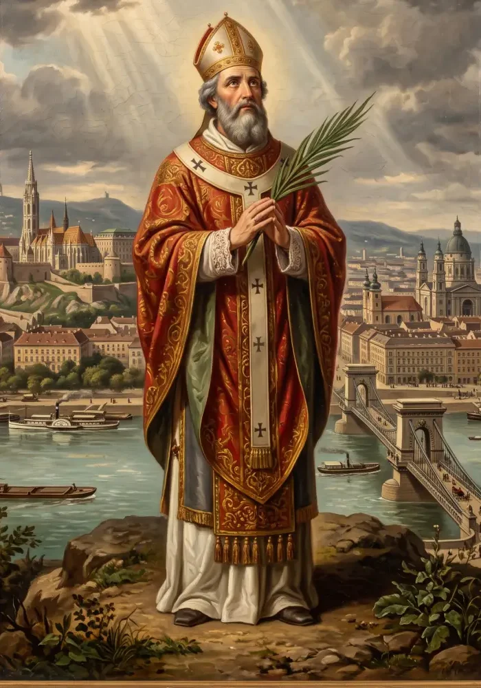 Święty Gerard Sagredo z Csanád trzymający w dłoniach palmę męczeńską, stojący na tle Budapesztu.