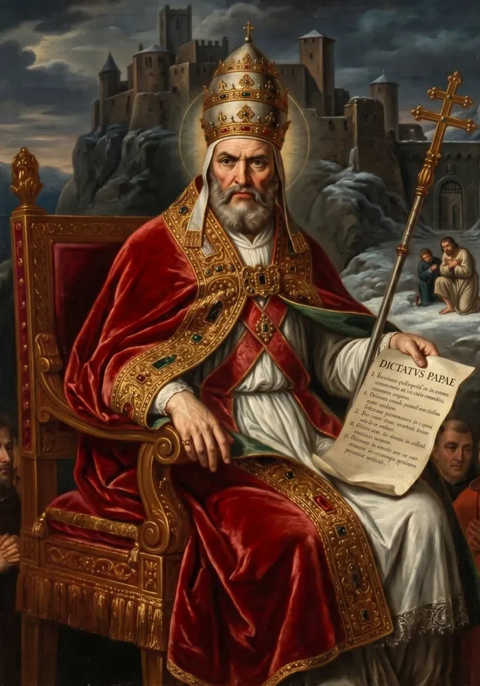 Portret papieża św. Grzegorza VII, trzymającego w ręku dokument Dictatus papae na tle zarysów średniowiecznego zamku w Canossie.