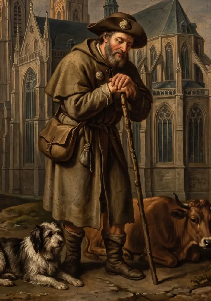 Święty Gwidon z Anderlechtu w surowym stroju pielgrzyma, opierający się na drewnianej lasce, z psem i wołem u swych stóp na tle strzelistego, gotyckiego kościoła.