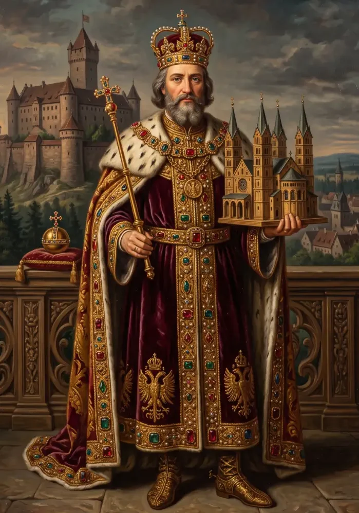 Święty Henryk II w pełnym stroju cesarskim, z koroną na głowie i złotym berłem w dłoni, trzymający misternie wykonany miniaturowy model katedry w Bambergu na tle średniowiecznego zamku.
