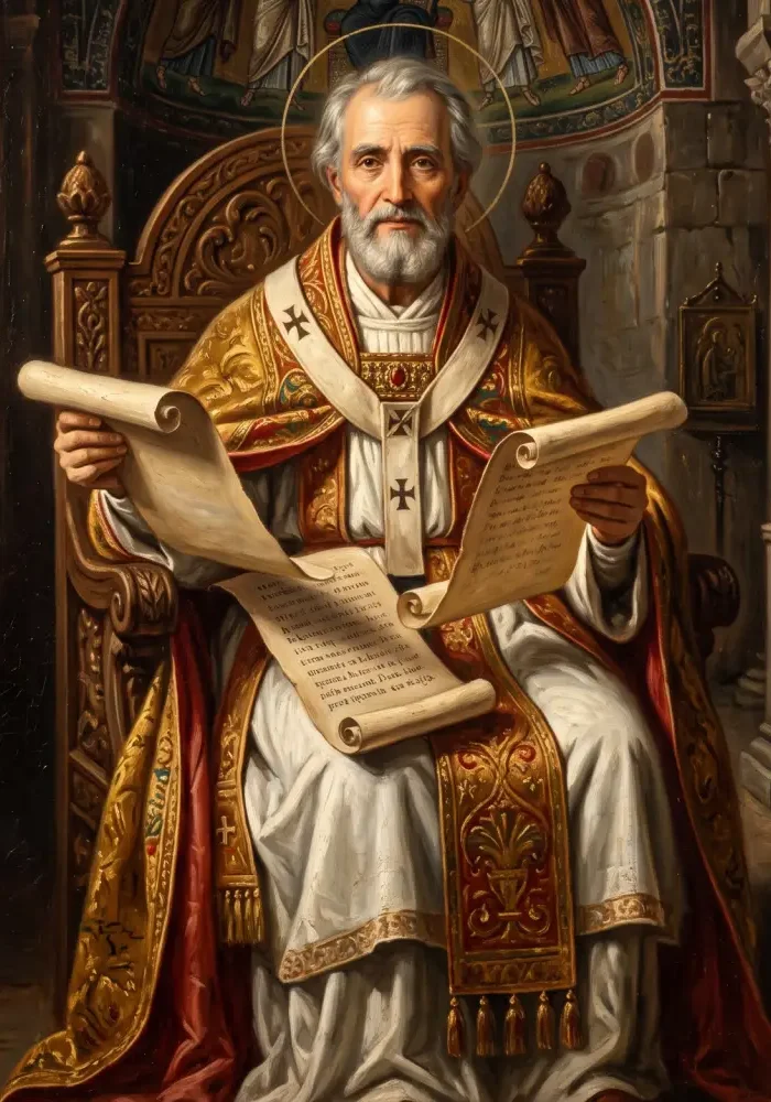 Święty Hormizdas w uroczystych szatach papieskich, trzymający w dłoniach zwoje pism symbolizujące słynną Formułę Hormizdasa, z wyrazem spokoju i mądrości na twarzy.