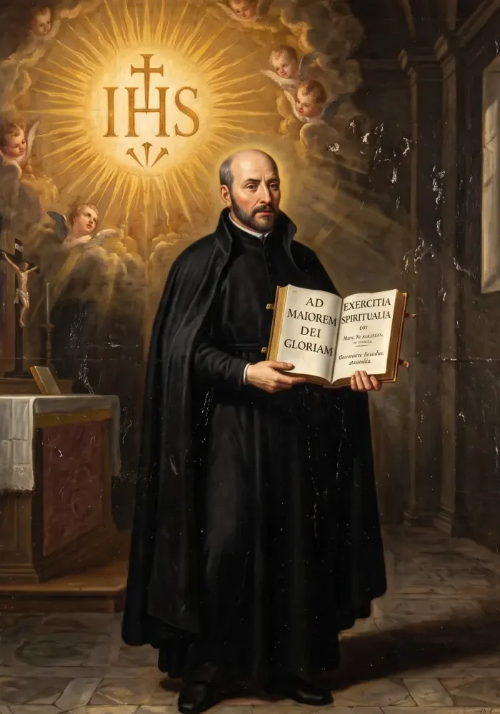 Święty Ignacy Loyola w ornatach kapłańskich trzymający otwartą księgę z łacińską dewizą Ćwiczeń Duchownych, w tle promieniejący monogram IHS.