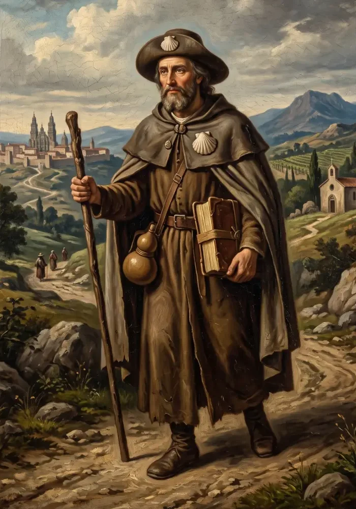 Święty Jakub Starszy Apostoł przedstawiony jako pielgrzym w szerokim kapeluszu z muszlą św. Jakuba, z kijem w ręku i księgą pod pachą.