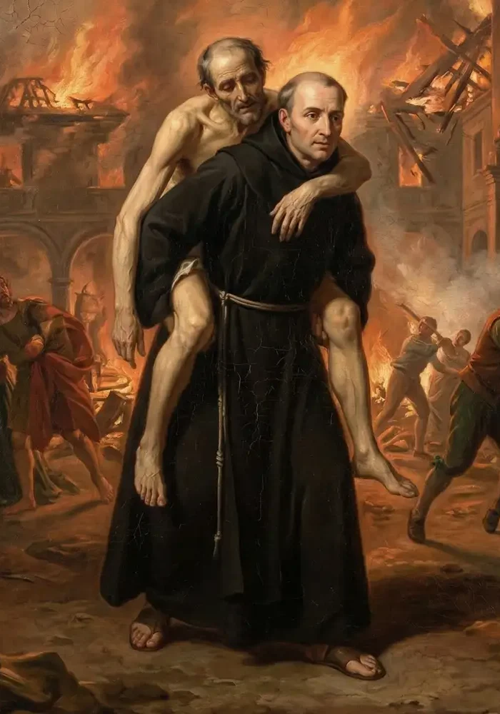 Święty Jan Boży niosący na plecach chorego człowieka podczas pożaru szpitala w Grenadzie.