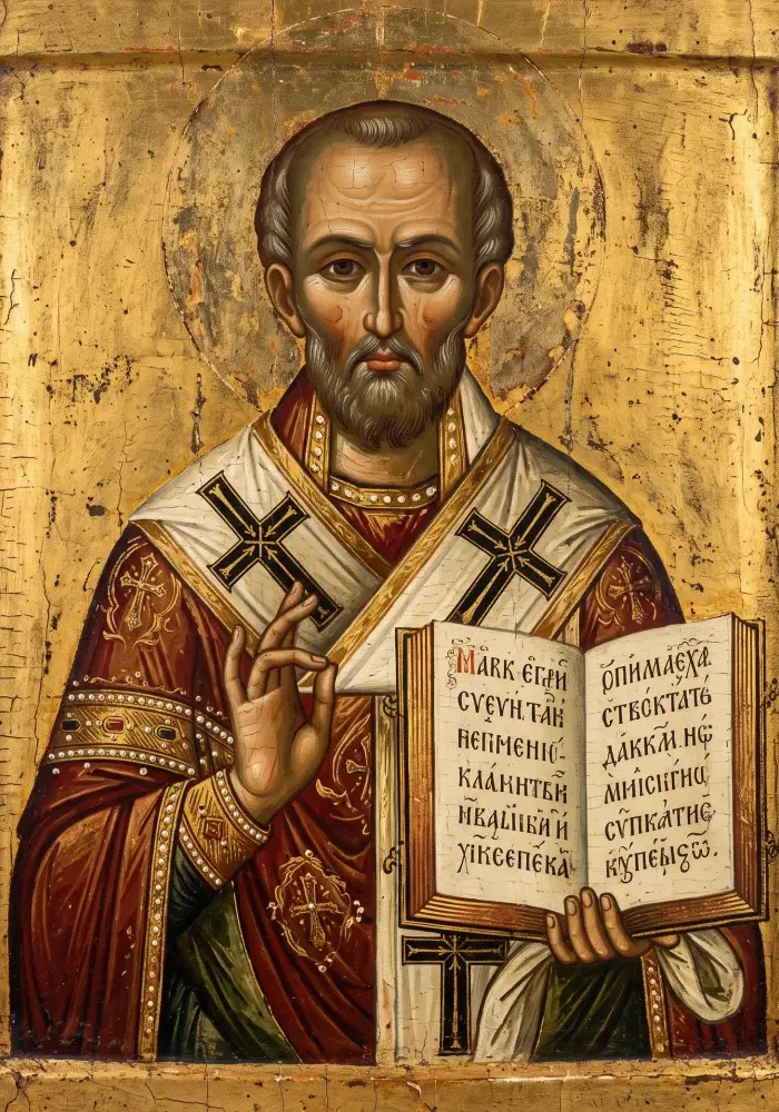 Święty Jan Chryzostom trzymający otwarty Ewangeliarz i wznoszący dłoń w geście pasterskiego błogosławieństwa.