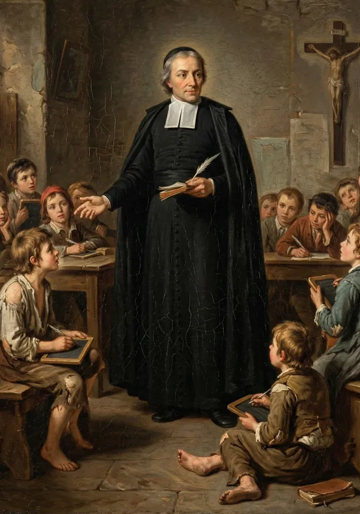 Święty Jan Chrzciciel de La Salle w stroju kapłańskim, nauczający ubogie dzieci w klasie.
