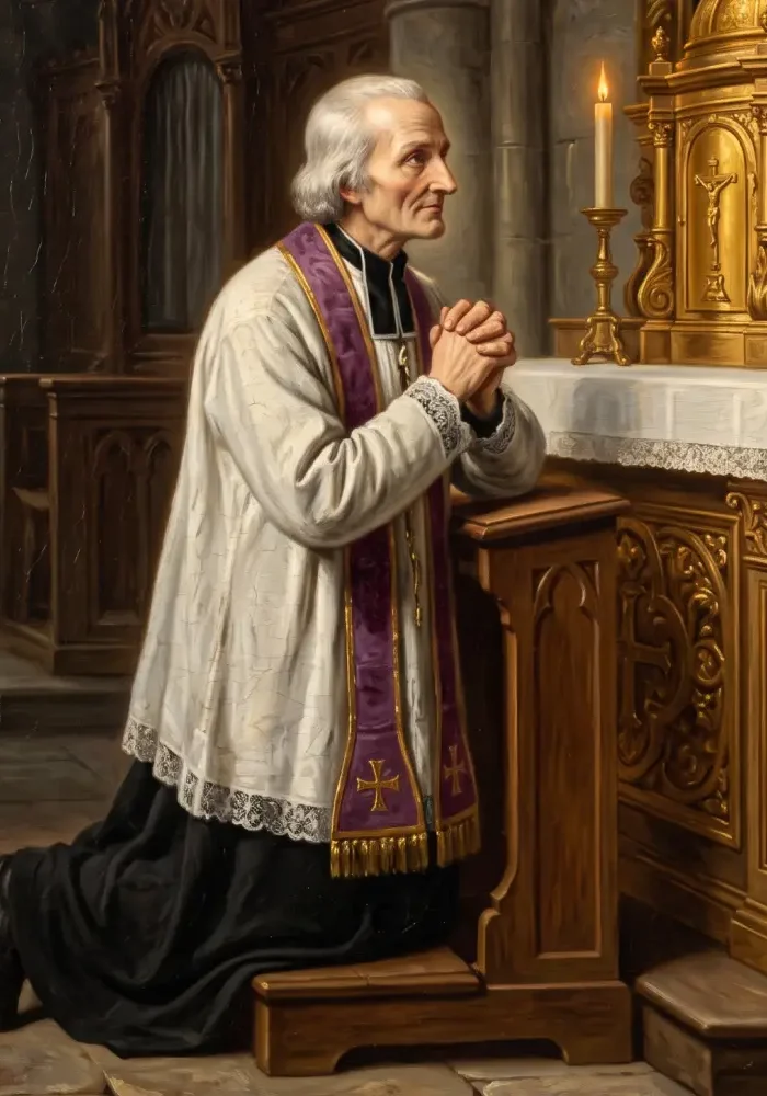 Święty Jan Maria Vianney w skromnej komży i fioletowej stule, skupiony na modlitwie przed tabernakulum.