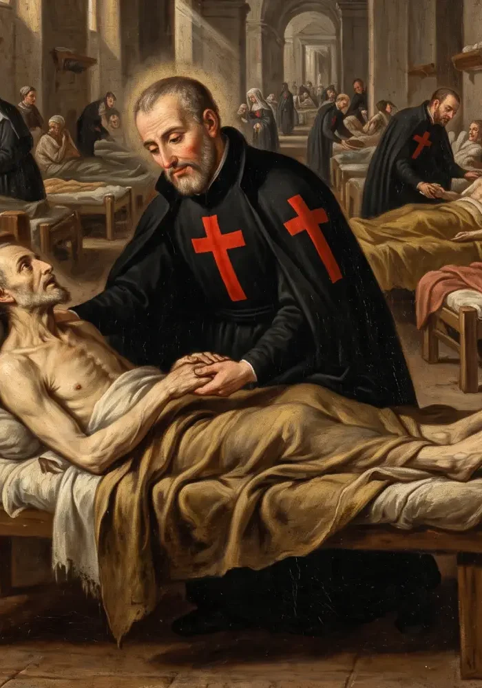 Święty Kamil de Lellis w czarnym habicie z dużym, wyrazistym czerwonym krzyżem na piersi, pochylający się z miłością i troską nad wycieńczonym chorym w renesansowym szpitalu.