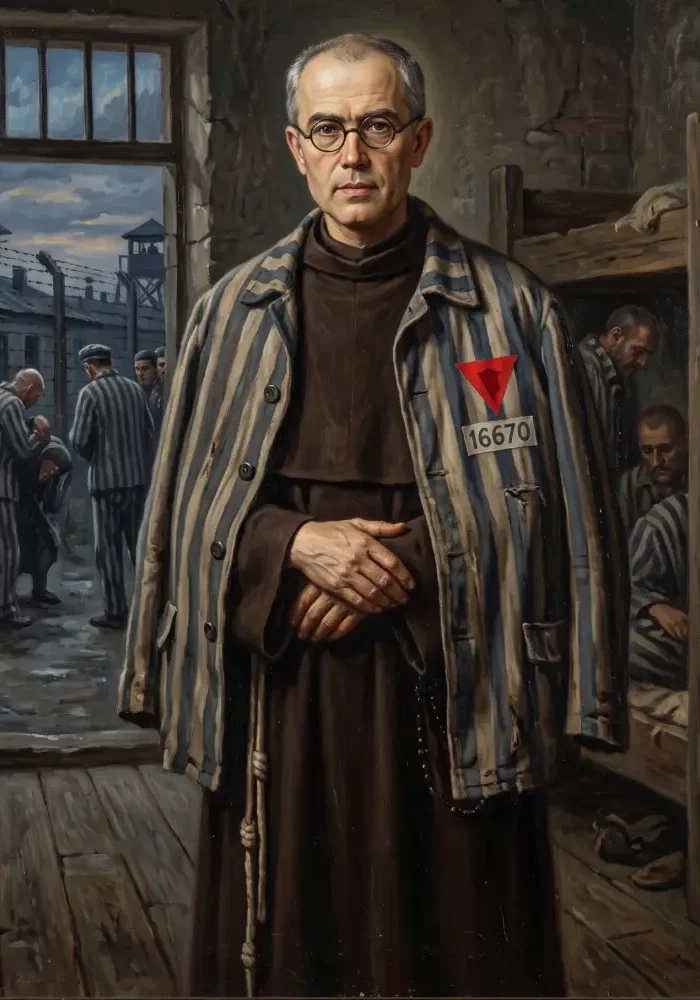 Święty Maksymilian Maria Kolbe w ciemnym habit franciszkańskim z nałożonym obozowym pasiakiem i czerwonym trójkątem z numerem 16670, spoglądający z łagodnością i głębokim spokojem.
