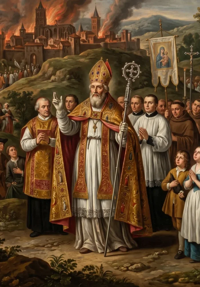 Święty Mamert z pastorałem w dłoni, przewodniczący błagalnej procesji na tle dymiącego od pożarów miasta.
