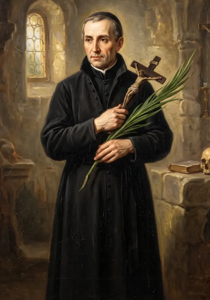 Święty Melchior Grodziecki w czarnym habicie jezuickim, z dłońmi splecionymi wokół krzyża i zieloną palmą męczeństwa.