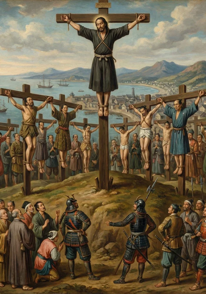 Święty Paweł Miki i Towarzysze ukrzyżowani (przywiązani do krzyży) na wzgórzu w Nagasaki.