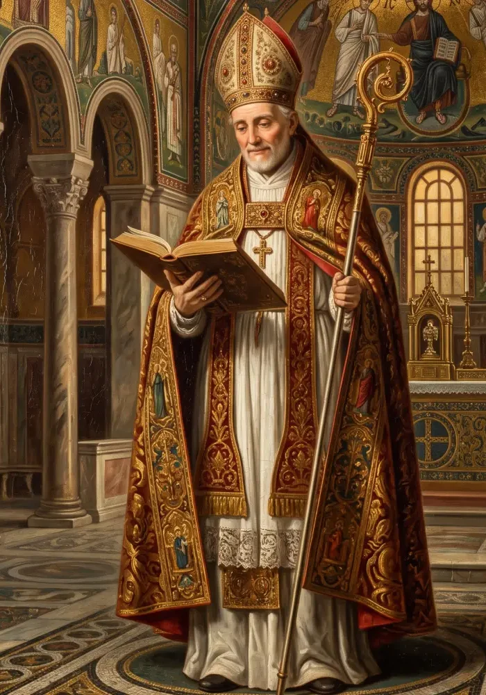 Święty Piotr Chryzolog w szatach biskupich, trzymający w dłoniach otwartą księgę oraz pastorał, z łagodnym wyrazem twarzy w malowniczym wnętrzu bazyliki w Rawennie.