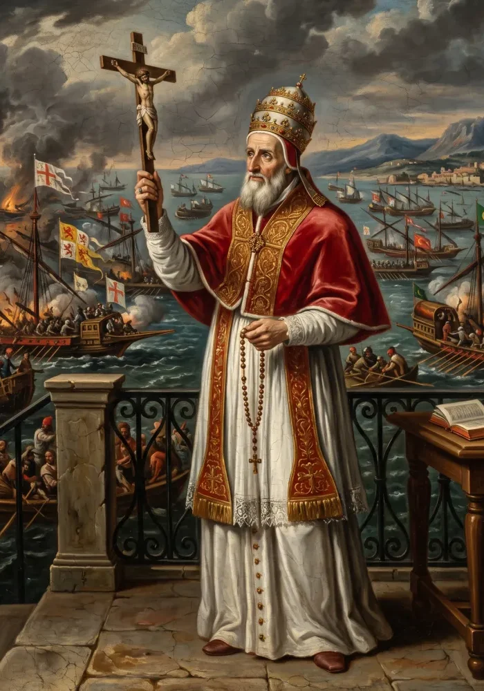 Święty Pius V, trzymający różaniec i wpatrzony w krucyfiks, w tle zarys floty chrześcijańskiej podczas bitwy pod Lepanto.