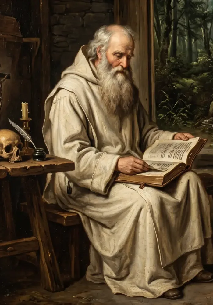 Święty Romuald z długą, siwą brodą, odziany w charakterystyczny biały habit zakonny, siedzący w leśnej pustelni z otwartą księgą i czaszką.