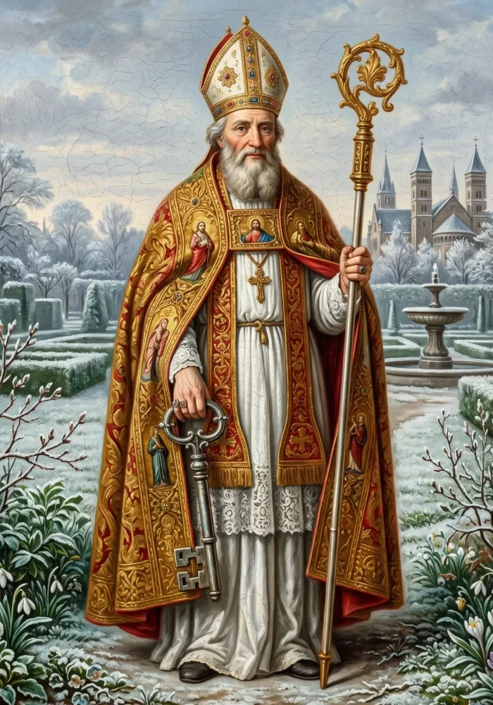 Święty Serwacy, trzymający w dłoniach pastorał oraz wielki srebrny klucz, stojący na tle oszronionego, wiosennego ogrodu.