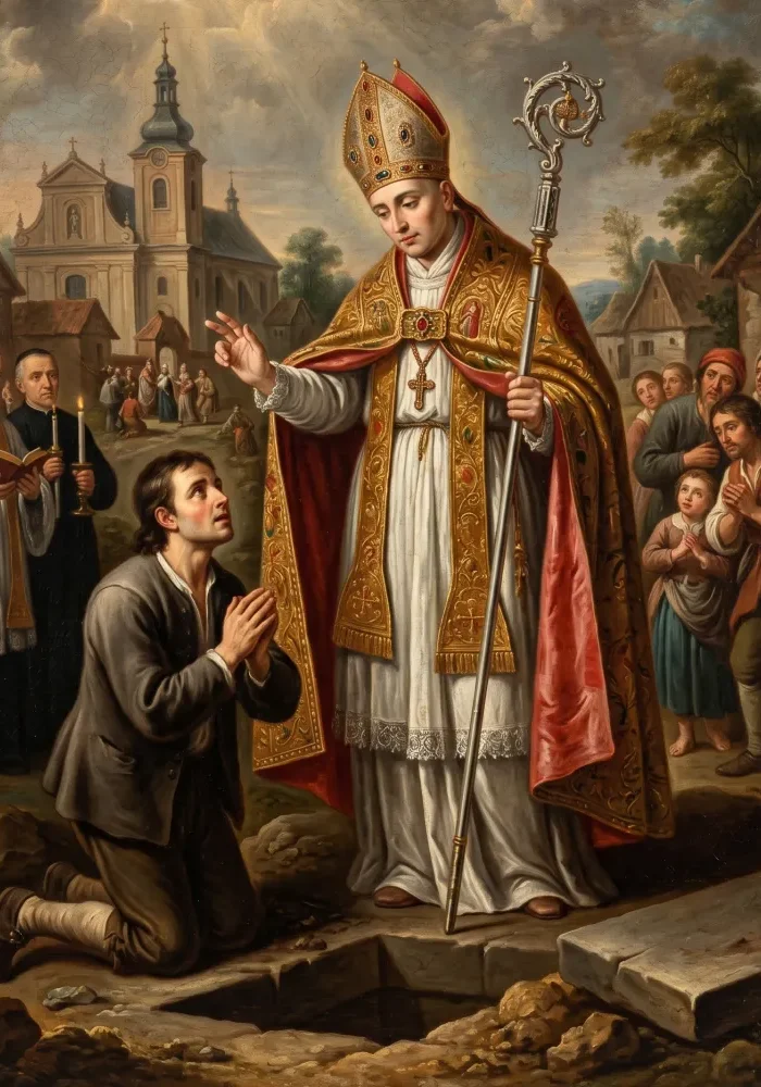 Święty Stanisław ze Szczepanowa, trzymający w dłoni pastorał, obok którego klęczy wskrzeszony Piotrowin.
