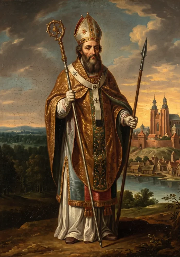Święty Wojciech trzymający w dłoni pastorał oraz włócznie, stojący na tle średniowiecznego Gniezna i zarysów pruskich lasów.